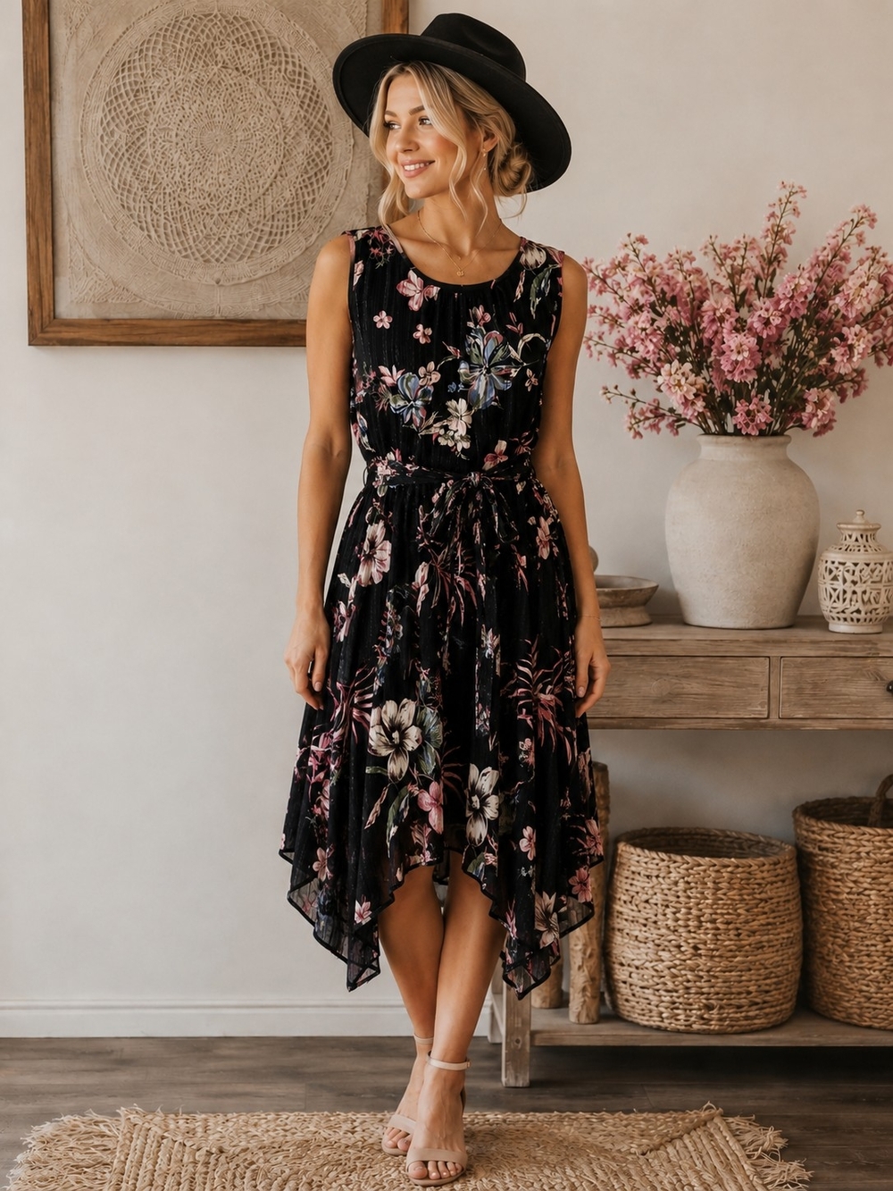 Black Floral Sleeveless Handkerchief Hem Dress
